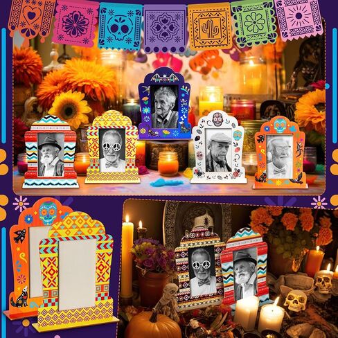 Weysat 12 مجموعة إطارات صور لـ Dia De Los Muertos Altar Day of The Dead ديكورات جمجمة بابيل بيكادو صندوق ظلال خشبي لوازم مذبح Ofrenda، إطار صورة تذكاري in Kuwait
