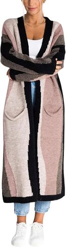 chouyatou Women's Fall Open Front Color Block Long Cardigan Sweater Coat Casual Vertical Striped Coatigan in Saudi Arabia