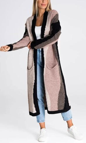 chouyatou Women's Fall Open Front Color Block Long Cardigan Sweater Coat Casual Vertical Striped Coatigan in Saudi Arabia