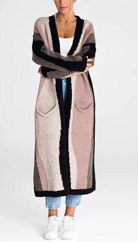 chouyatou Women's Fall Open Front Color Block Long Cardigan Sweater Coat Casual Vertical Striped Coatigan in Saudi Arabia