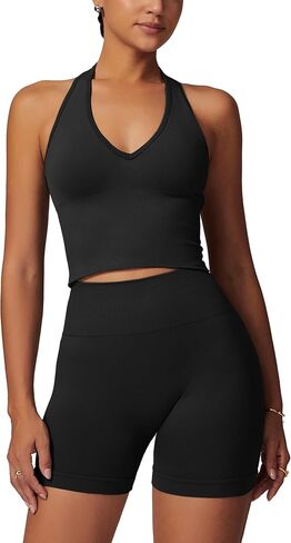 ABOCIW Workout Sets for Women 2 Piece Seamless Halter Cropped Tank Scrunch Butt Lifting High Waist Shorts Gym Sets in Saudi Arabia