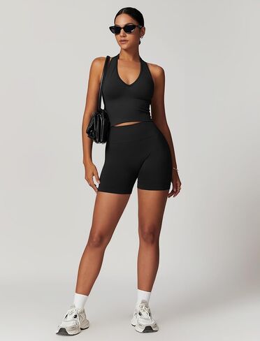ABOCIW Workout Sets for Women 2 Piece Seamless Halter Cropped Tank Scrunch Butt Lifting High Waist Shorts Gym Sets in Saudi Arabia