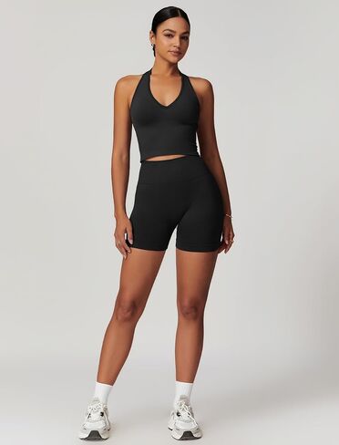 ABOCIW Workout Sets for Women 2 Piece Seamless Halter Cropped Tank Scrunch Butt Lifting High Waist Shorts Gym Sets in Saudi Arabia