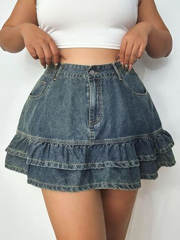 Women's Plus Size Denim Mini Skirt - Mid Rise Pleated Design, Summer Stretch Skirt in Saudi Arabia