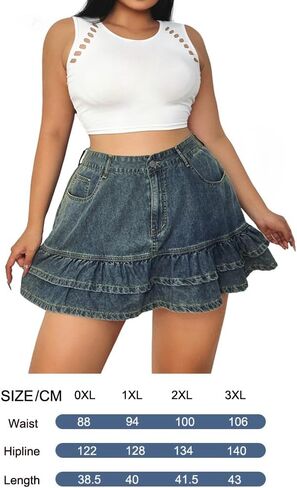 Women's Plus Size Denim Mini Skirt - Mid Rise Pleated Design, Summer Stretch Skirt in Saudi Arabia