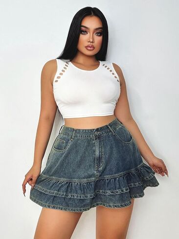 Women's Plus Size Denim Mini Skirt - Mid Rise Pleated Design, Summer Stretch Skirt in Saudi Arabia