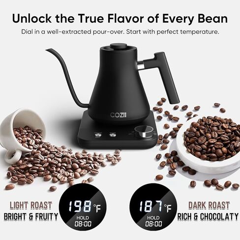 غلاية كهربائية COZII Gooseneck، 5 إعدادات مسبقة و±1⁄4 تحكم في درجة الحرارة 1200 وات غلاية مياه سريعة التسخين للقهوة/الشاي، تحافظ على الدفء لمدة 24 ساعة، إيقاف تلقائي للصب فوق غلاية مع 50 قطعة فلتر قهوة، 0.9 لتر فضي in Kuwait
