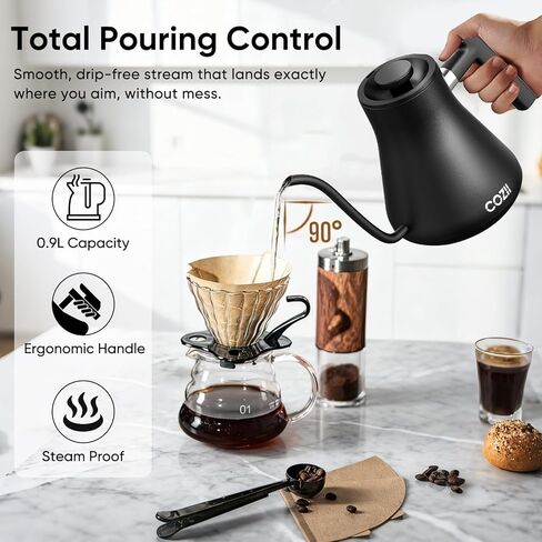 غلاية كهربائية COZII Gooseneck، 5 إعدادات مسبقة و±1⁄4 تحكم في درجة الحرارة 1200 وات غلاية مياه سريعة التسخين للقهوة/الشاي، تحافظ على الدفء لمدة 24 ساعة، إيقاف تلقائي للصب فوق غلاية مع 50 قطعة فلتر قهوة، 0.9 لتر فضي in Kuwait