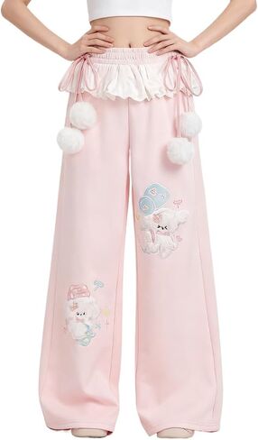 Women Y2k Kawaii 3D Plush Puppy Embroidery Sweatpants Harajuku Cutecore Lace Trim Bow Tie Baggy Casual Wide Leg Pants in Saudi Arabia