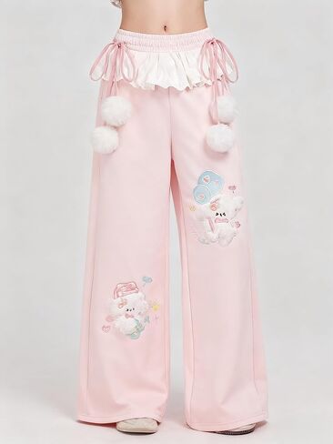 Women Y2k Kawaii 3D Plush Puppy Embroidery Sweatpants Harajuku Cutecore Lace Trim Bow Tie Baggy Casual Wide Leg Pants in Saudi Arabia