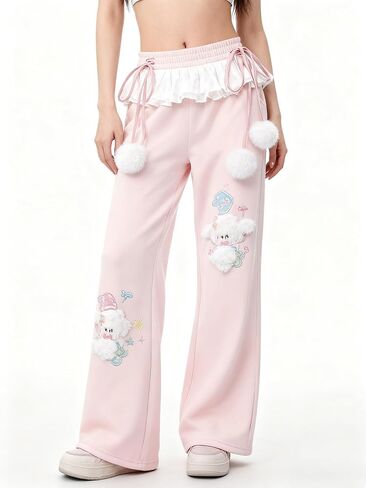Women Y2k Kawaii 3D Plush Puppy Embroidery Sweatpants Harajuku Cutecore Lace Trim Bow Tie Baggy Casual Wide Leg Pants in Saudi Arabia