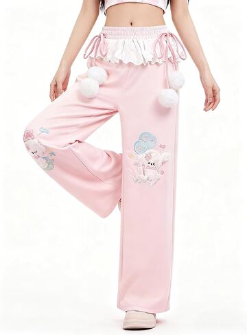 Women Y2k Kawaii 3D Plush Puppy Embroidery Sweatpants Harajuku Cutecore Lace Trim Bow Tie Baggy Casual Wide Leg Pants in Saudi Arabia