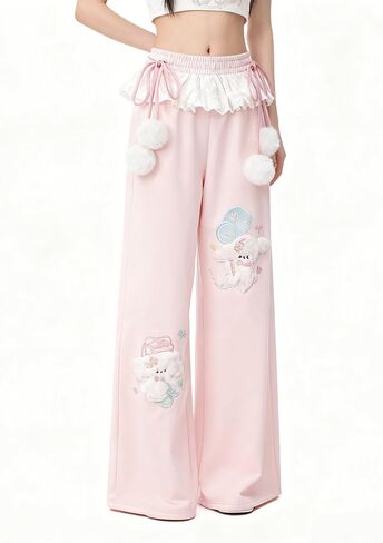 Women Y2k Kawaii 3D Plush Puppy Embroidery Sweatpants Harajuku Cutecore Lace Trim Bow Tie Baggy Casual Wide Leg Pants in Saudi Arabia