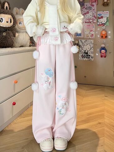 Women Y2k Kawaii 3D Plush Puppy Embroidery Sweatpants Harajuku Cutecore Lace Trim Bow Tie Baggy Casual Wide Leg Pants in Saudi Arabia