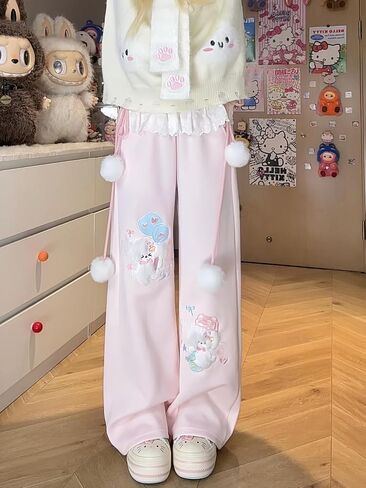 Women Y2k Kawaii 3D Plush Puppy Embroidery Sweatpants Harajuku Cutecore Lace Trim Bow Tie Baggy Casual Wide Leg Pants in Saudi Arabia
