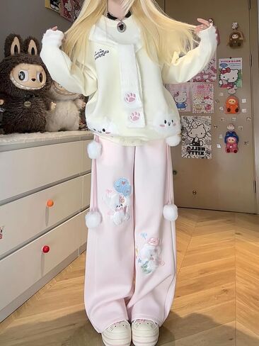 Women Y2k Kawaii 3D Plush Puppy Embroidery Sweatpants Harajuku Cutecore Lace Trim Bow Tie Baggy Casual Wide Leg Pants in Saudi Arabia