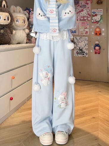 النساء Y2k Kawaii ثلاثية الأبعاد أفخم جرو التطريز Sweatpants Harajuku Cutecore الدانتيل تقليم ربطة القوس فيونكة فضفاض عادية بنطال ذو قصة أرجل واسعة in Kuwait