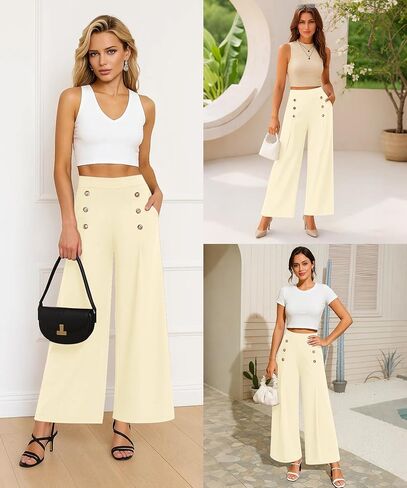 بنطال KUOTAI النسائي الفضفاض بأرجل واسعة وخصر عالٍ كاجوال فضفاض Palazzo مع جيوب in Kuwait