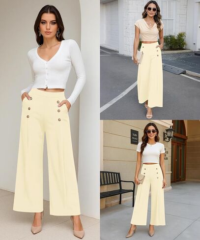 بنطال KUOTAI النسائي الفضفاض بأرجل واسعة وخصر عالٍ كاجوال فضفاض Palazzo مع جيوب in Kuwait