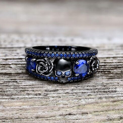 Black Flower Skull Inlaid Zircon Brass Ring – Intricate Gothic Design with Sparkling Black Zircon Stones for Men and Women in Saudi Arabia