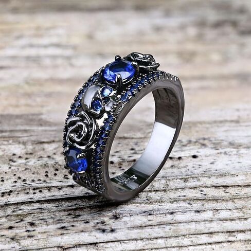 Black Flower Skull Inlaid Zircon Brass Ring – Intricate Gothic Design with Sparkling Black Zircon Stones for Men and Women in Saudi Arabia