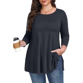 LARACE 3/4 Length Sleeve Womens Plus Size Tops Crew Neck Casual Tunic Tops Split Shirts Dressy in Kuwait