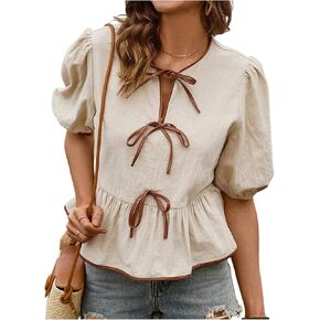 SweatyRocks Women's Summer Puff Sleeve Bow Tie Front Ruffle Peplum Blouse Tops in Kuwait