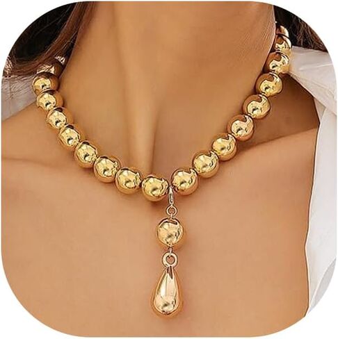 GIGB PBDK Chunky Gold Plated Statement Necklace for Women,Minimalist Silver Big Beaded Choker Necklaces Thick Geometric Collar Necklace,Trendy Party Accessories Gifts in Saudi Arabia