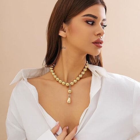 GIGB PBDK Chunky Gold Plated Statement Necklace for Women,Minimalist Silver Big Beaded Choker Necklaces Thick Geometric Collar Necklace,Trendy Party Accessories Gifts in Saudi Arabia