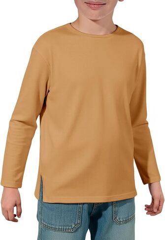 Haloumoning Boys Long Sleeve Shirts Kids Crewneck T-Shirts Casual Split Hem Fall Tops Tees 5-14 Years in Saudi Arabia