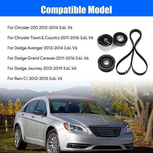 Belt Tensioner and Idler Pulley and Serpentine Belt Kit Fit for 2012-2014 Chrysler 200,for 2011-2016 Town & Country for Dodge Avenger Grand Caravan Journey Ram C/V 2011-2019 Replace 90K-39282D in Saudi Arabia
