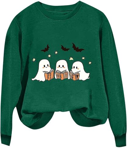 Funny Ghosts Reading Books Sweatshirt Women Cute Spooky Bookish Shirts Teacher Fall Long Sleeve Halloween Printed Top in Saudi Arabia