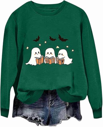 Funny Ghosts Reading Books Sweatshirt Women Cute Spooky Bookish Shirts Teacher Fall Long Sleeve Halloween Printed Top in Saudi Arabia