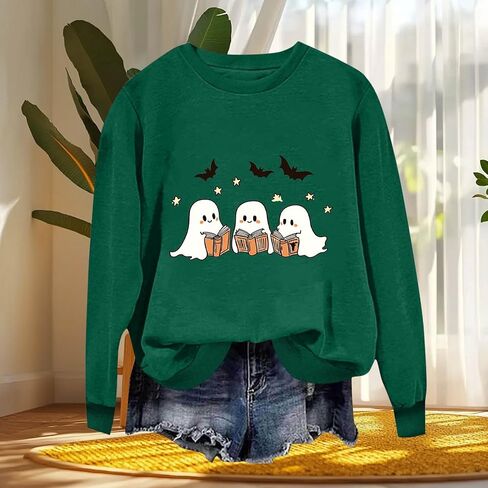 Funny Ghosts Reading Books Sweatshirt Women Cute Spooky Bookish Shirts Teacher Fall Long Sleeve Halloween Printed Top in Saudi Arabia