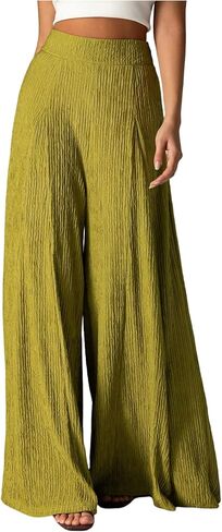 بنطلون نسائي من GORGLITTER واسع الساق واسع غير رسمي ذو ملمس مرن عالي الخصر بنطلون Palazzo in Kuwait
