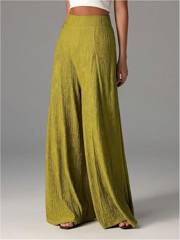 بنطلون نسائي من GORGLITTER واسع الساق واسع غير رسمي ذو ملمس مرن عالي الخصر بنطلون Palazzo in Kuwait