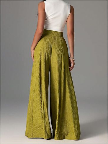 بنطلون نسائي من GORGLITTER واسع الساق واسع غير رسمي ذو ملمس مرن عالي الخصر بنطلون Palazzo in Kuwait