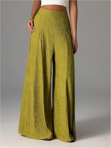 بنطلون نسائي من GORGLITTER واسع الساق واسع غير رسمي ذو ملمس مرن عالي الخصر بنطلون Palazzo in Kuwait