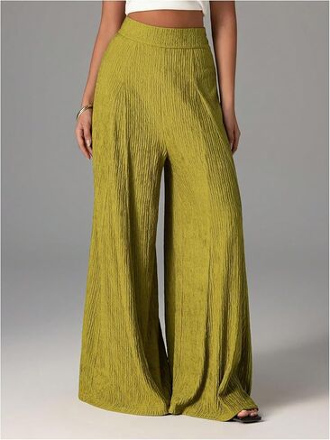 بنطلون نسائي من GORGLITTER واسع الساق واسع غير رسمي ذو ملمس مرن عالي الخصر بنطلون Palazzo in Kuwait