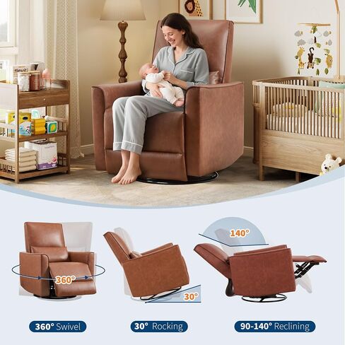 IDEALHOUSE Recliner Chair with Rocker & 360° Swivel, Rocking Chair Nursery, Glider Rocker Recliner, PU Leather Sofa Chair with high Back, Deep Seat for Nursery, Living Room, Bedroom, Brown in Saudi Arabia