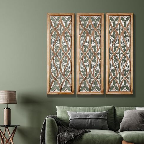 لوحة فنية جدارية من خشب بوهو منحوتة يدويًا من XIAOAIKA - لوحات جدارية كبيرة مزخرفة، منحوتة خشبية عتيقة، لوحة تعليق أنيقة لتزيين الحائط، مناسبة للهدايا (35.5 بوصة، 3 لوحات) in Kuwait