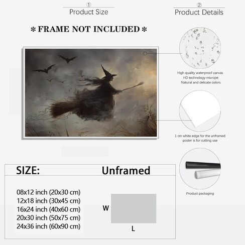 Vintage Halloween Flying Witch Posters Witchy Canvas Prints Dark Academia Wall Art Gothic Decor Witching Hour Poster Horror Spooky Moody Aesthetic for Living Room Bedroom Home 8x12inch Unframed in Saudi Arabia