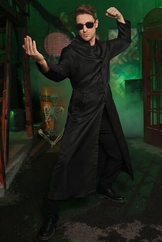 Mainfini Men 2 Pcs Black Coat Cyber Style Costume Adult Halloween Outfit With Sunglasses (S-3XL) in Kuwait
