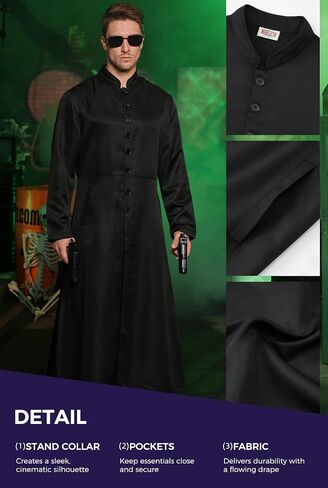 Mainfini Men 2 Pcs Black Coat Cyber Style Costume Adult Halloween Outfit With Sunglasses (S-3XL) in Kuwait