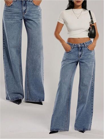 WDIRARA Women's Low Rise Baggy Jeans Y2k Loose Wide Leg Denim Pants in Saudi Arabia
