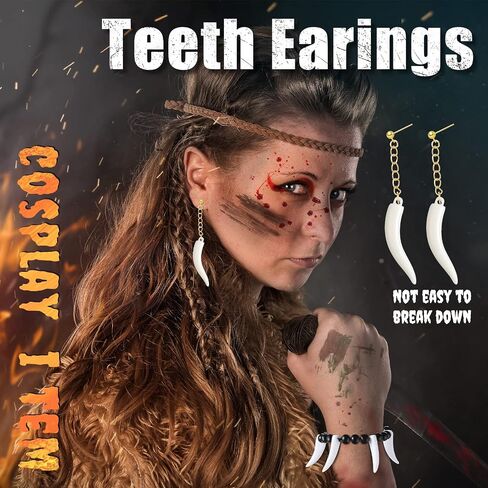 Halloween Caveman Costume 1 Pcs Jungle Bone Necklace 1 Pcs Caveman Tooth Bone Bracelet 1 Pair Stone Era Teeth Earrings Prehistoric Accessories for Cosplay Party Fancy Dress Costume in Saudi Arabia