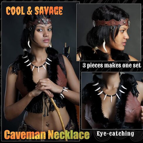 Halloween Caveman Costume 1 Pcs Jungle Bone Necklace 1 Pcs Caveman Tooth Bone Bracelet 1 Pair Stone Era Teeth Earrings Prehistoric Accessories for Cosplay Party Fancy Dress Costume in Saudi Arabia