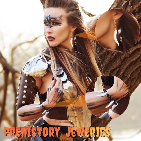 Halloween Caveman Costume 1 Pcs Jungle Bone Necklace 1 Pcs Caveman Tooth Bone Bracelet 1 Pair Stone Era Teeth Earrings Prehistoric Accessories for Cosplay Party Fancy Dress Costume in Saudi Arabia