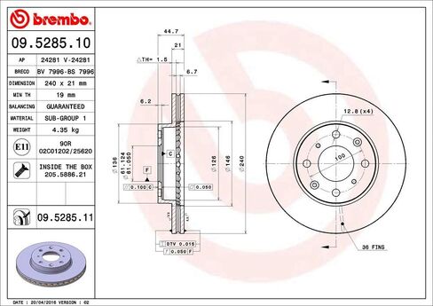 Brembo 09.5285.11 UV Coated vented Front Brake Rotor HONDA OE# 45251SR3A10 in Saudi Arabia