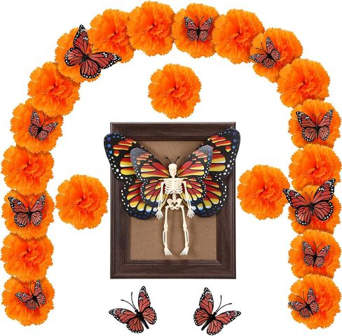 طقم ديكور مذبح يوم الموتى 55 قطعة من ديكورات الحائط Dia De Los Muertos Ofrendas 40 زهرة قطيفة، 13 فراشة العاهل، هيكل عظمي، إطار صور لوازم ذكرى مذبح الديوالي الهندي in Saudi Arabia